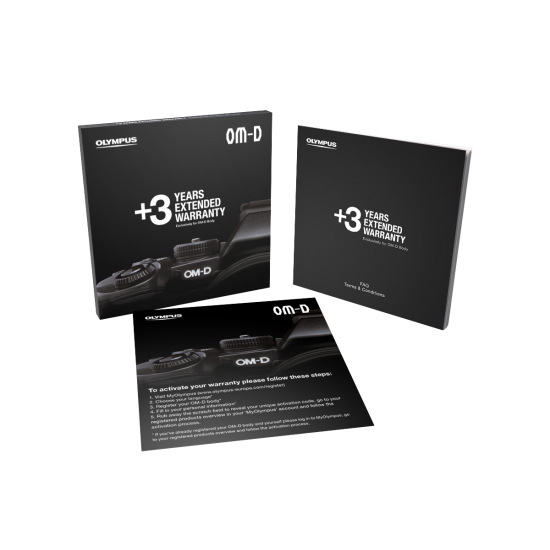 OLYMPUS 3-Years-Extended-Warranty Card in English, Spanish, Portuguese, Russian, Greek OM-D Line-Up